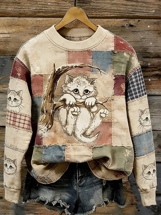 Kvinnors Vintage Opalite Kitten i träd orolig katt i patchwork konst mysig sweatshirt