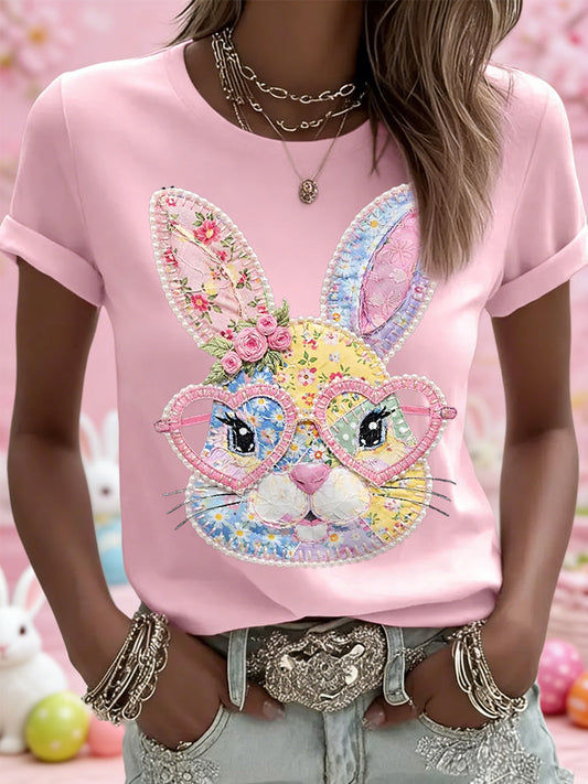 Kvinnors påsk Floral Bunny Patchwork Print Casual Tee