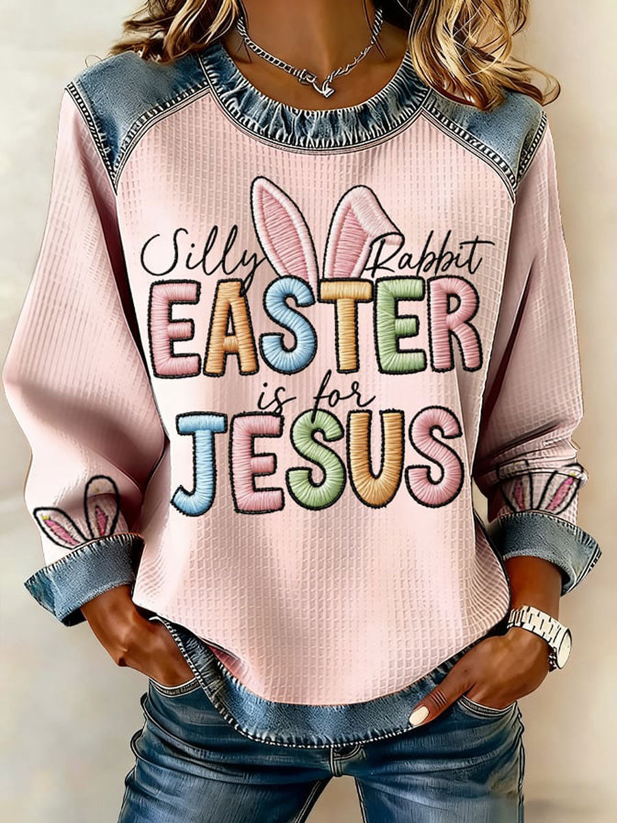 Women's Silly Bunny Easter Is For Jesus Waffle Denim Patchwork Top