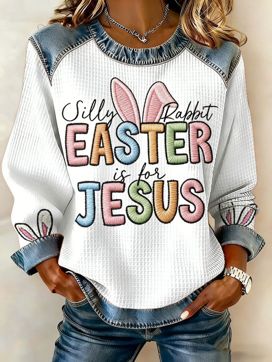 Women's Silly Bunny Easter Is For Jesus Waffle Denim Patchwork Top