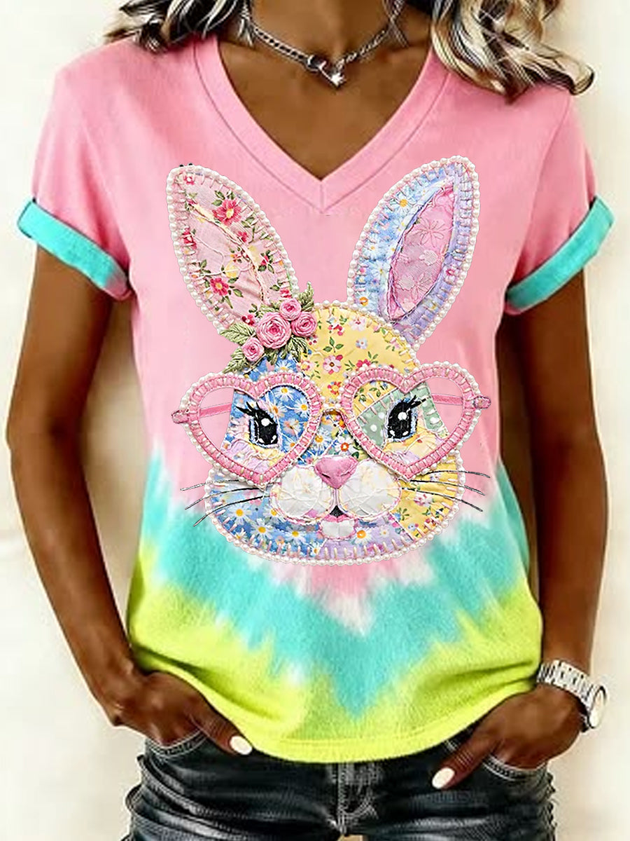 Kvinnors påsk Floral Bunny Patchwork Print Casual V-Hack Tee