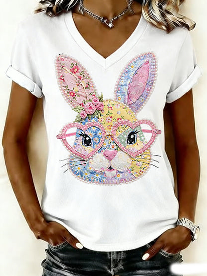 Kvinnors påsk Floral Bunny Patchwork Print Casual V-Hack Tee