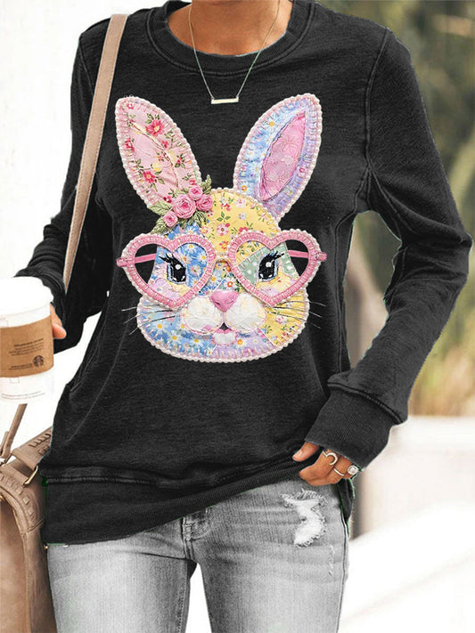 Kvinnors påsk Floral Bunny Patchwork Print Casual Sweatshirt