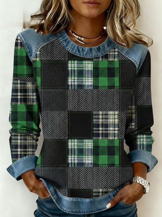 Kvinnor St. Patricks dag Tartan Patchwork Tryckt Denim Patchwork topp