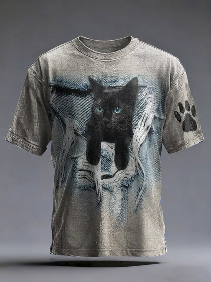 Men's Funny Ripped Cat Print T-shirt