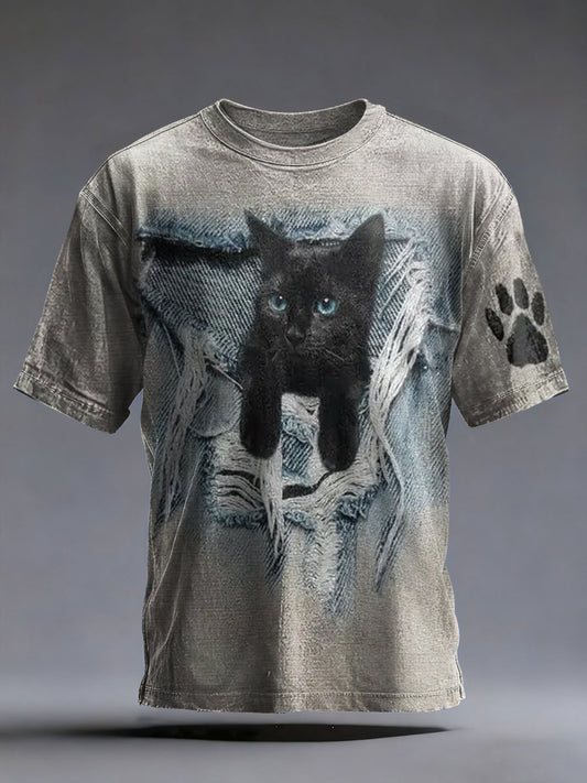 Mäns roliga rippad katt tryck T-shirt