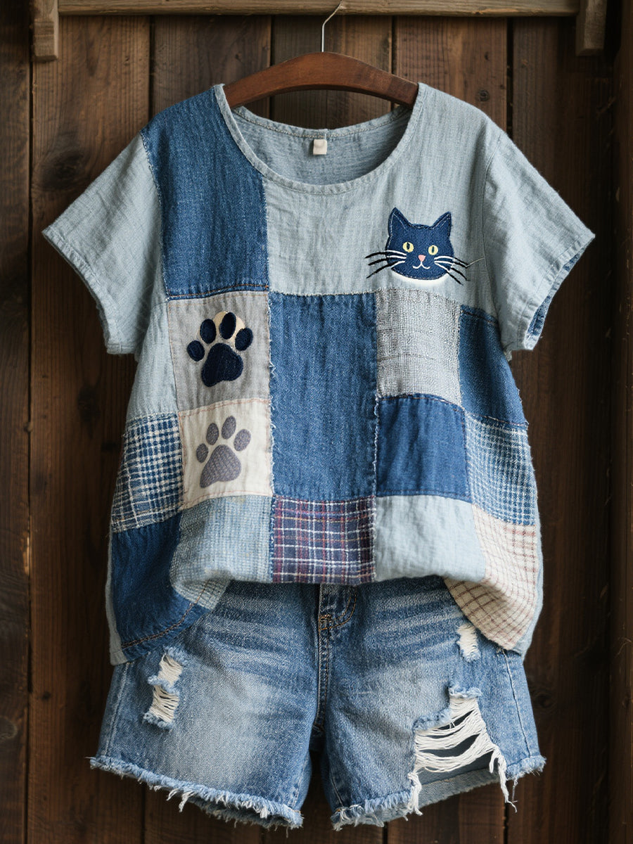 Women's Beautiful Cat Pattern Art Linen Sweater