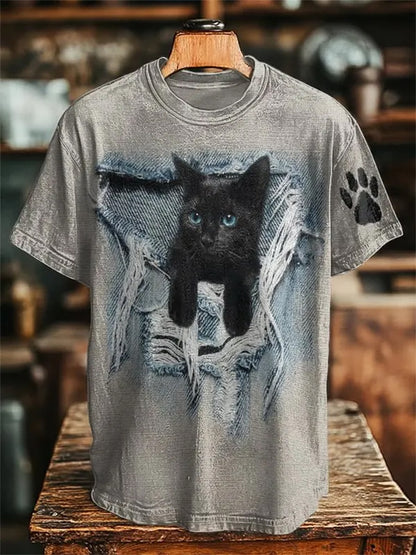 Men's Funny Ripped Cat Print T-shirt