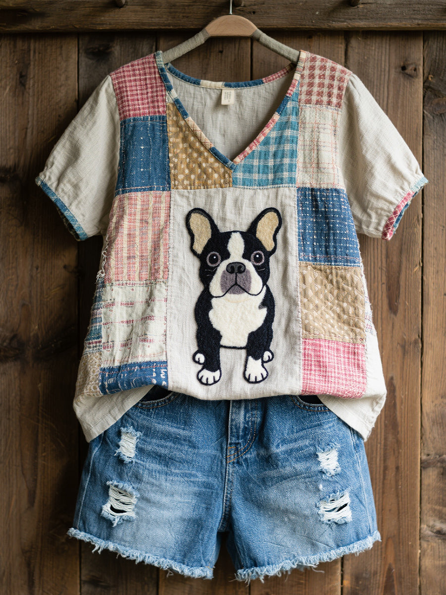 Women's Beautiful French Bulldog Pattern Pattern Pattern Art V-Neck Top