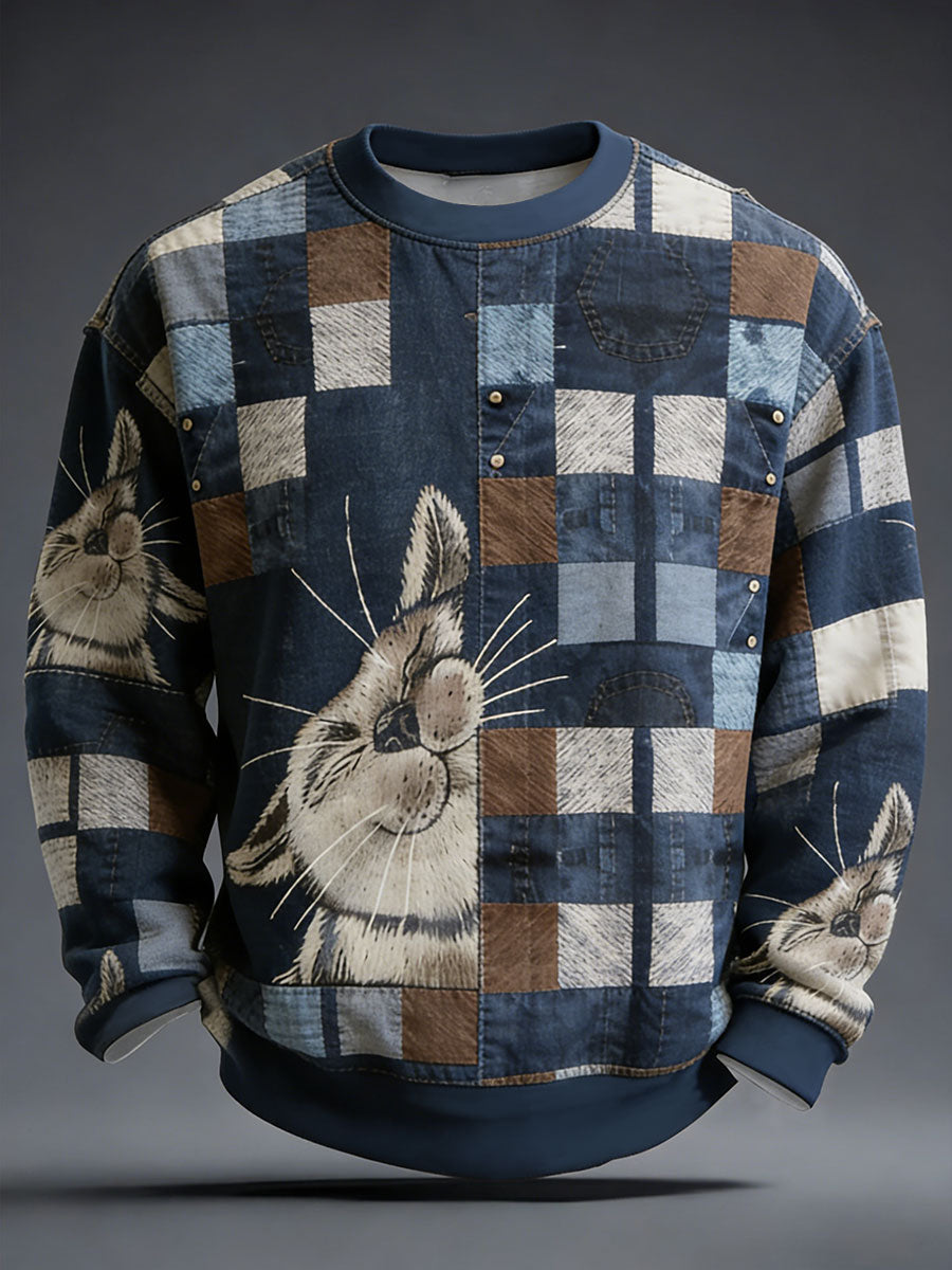 Men's Plaid Cat Patchwork Print Crew Neck Sweatshirt