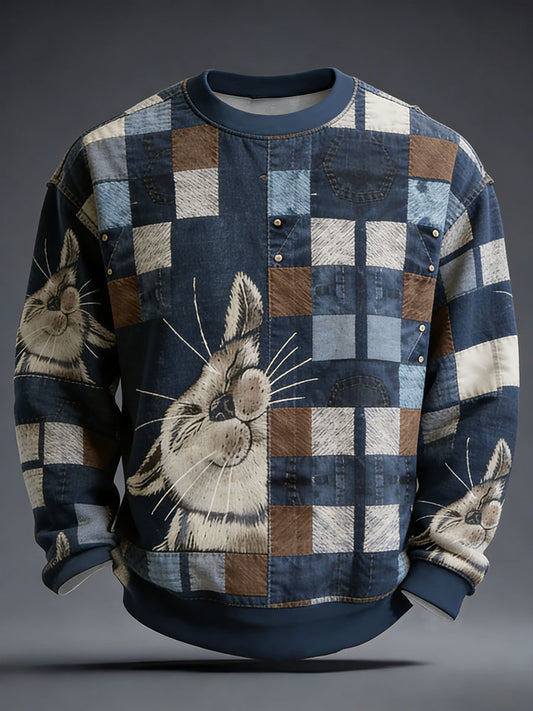 Men's Plaid Cat Patchwork Print Crew Neck Sweatshirt
