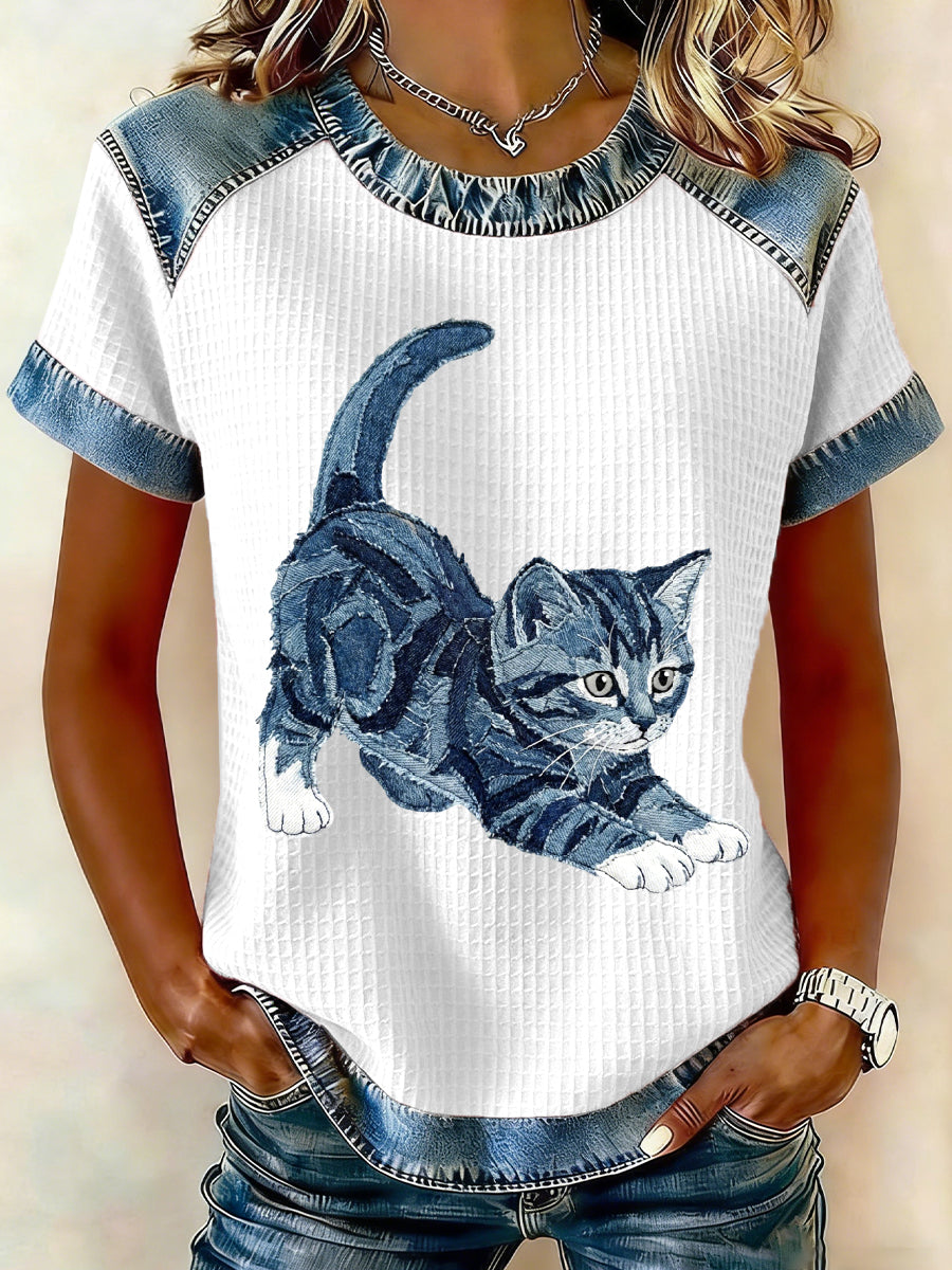 Women's Beautiful Cat Pattern Denim Patchwork Top