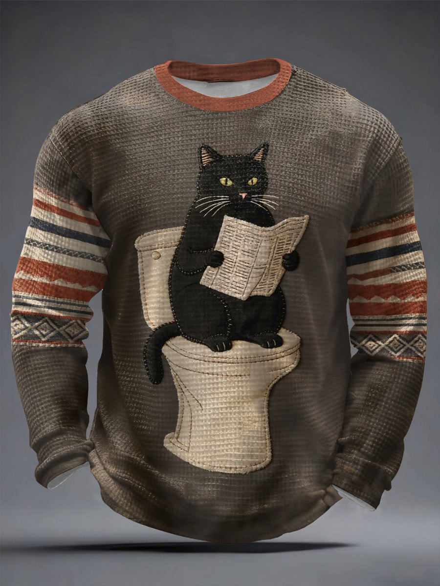 Mäns roliga katt toalettmönster Skriv ut Casual våffle lång ärm T-shirt