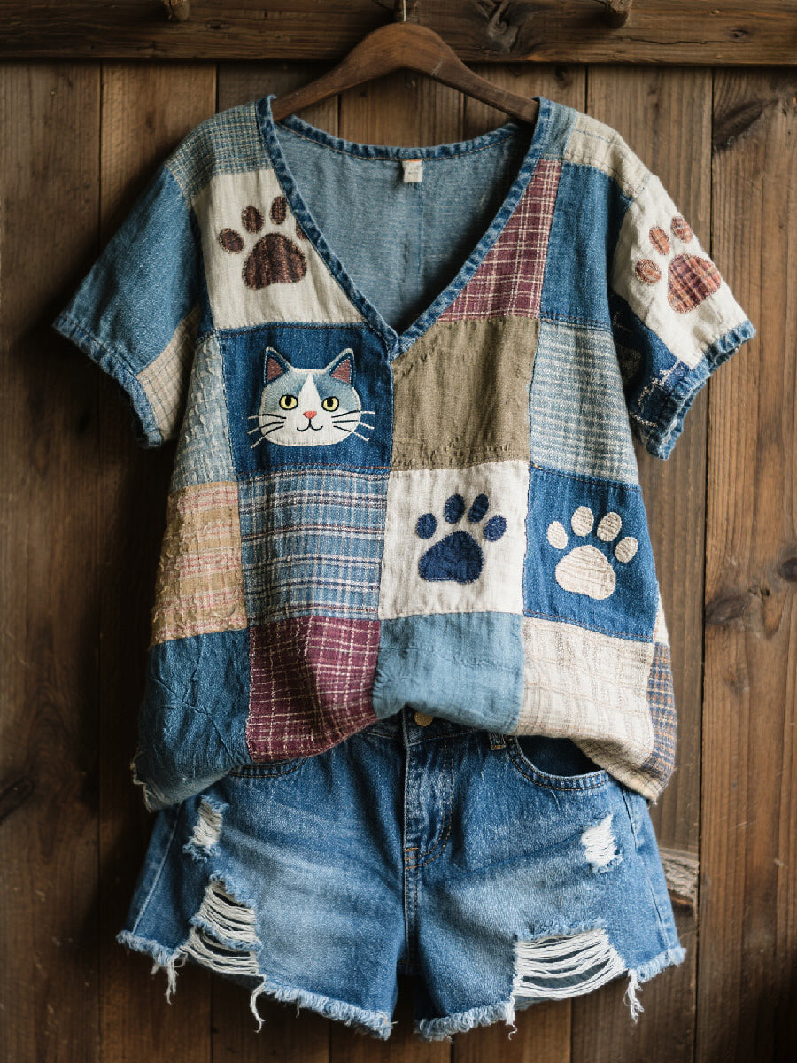 Women's Beautiful Cat Patchwork Art V-Neck Top