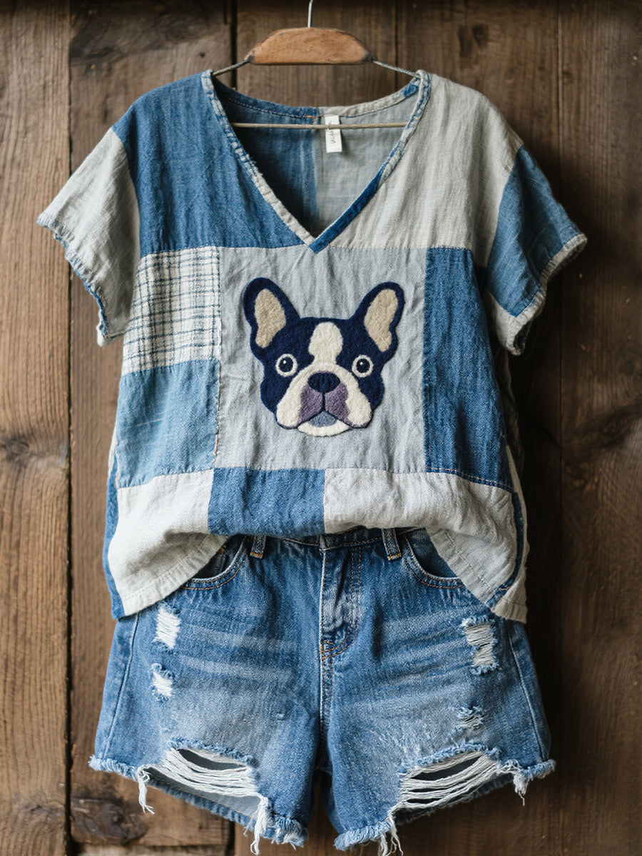 Women's beautiful French Bulldog pattern pattern pattern pattern V-neck top
