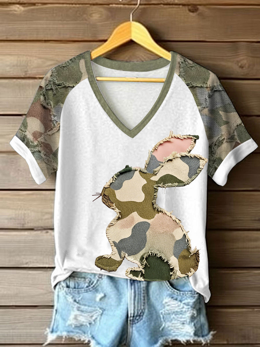 Kvinnors påsk Camouflage Bunny Konst V-hals off-axel Kort ärmT-shirt