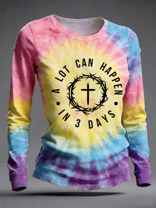 Women's A Lot Can Happen In 3 Days Christian Easter Tie-Dye Print Casual Long Sleeve T-Shirt