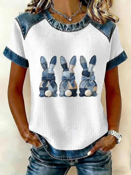 Women's Easter Bunny Art Patchwork Print Casual Short Sleeved T-shirt