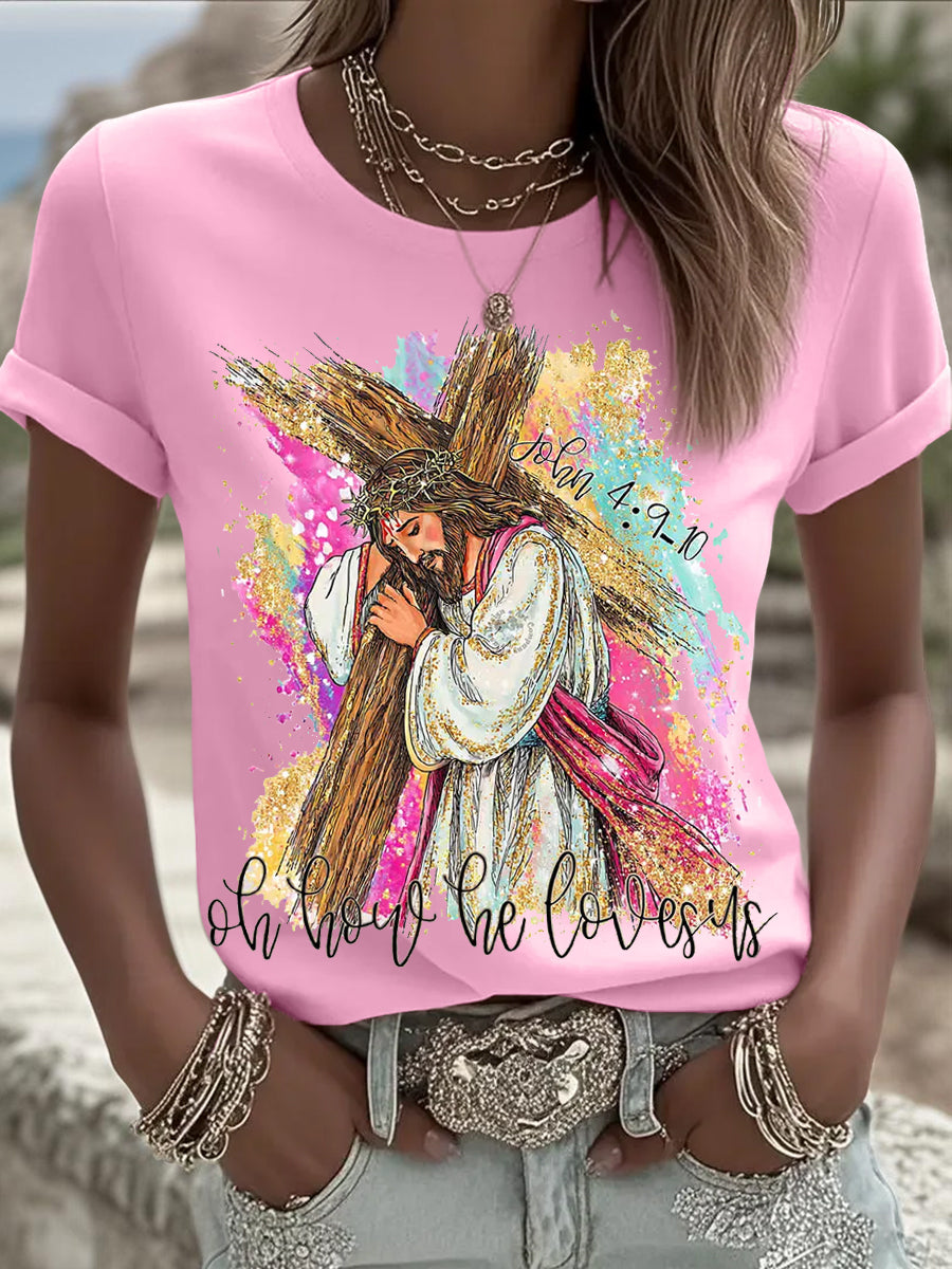 Kvinnor Oh hur han älskar oss kristna påsk Print Casual Tee