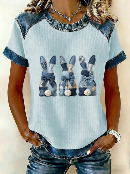 Kvinnors påskhare konst Patchwork Skriv ut Casual Short Sleeved T-shirt