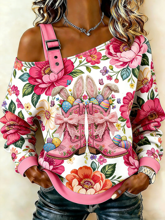 Women's Easter Bunny Animal Print One Shoulder Suspender Casual Sweatshirt