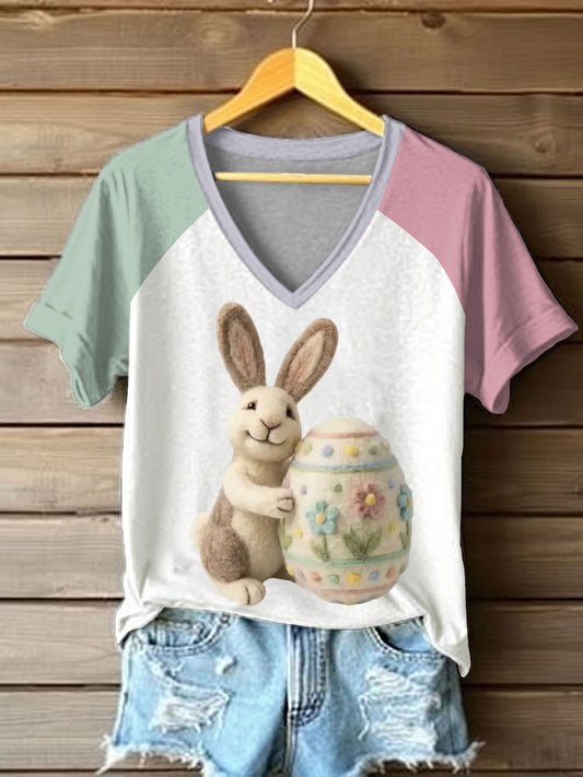 Women's Bunny Easter V-neck Off-Shoulder Short-Sleeve T-Shirt