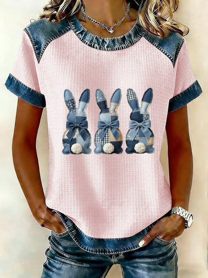 Kvinnors påskhare konst Patchwork Skriv ut Casual Short Sleeved T-shirt