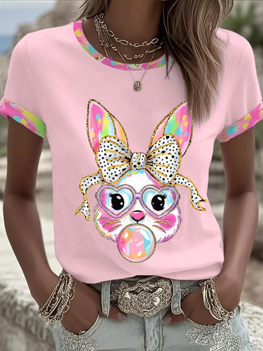 Women's Cute Glitter Easter Bunny Coquette Short Slim T-shirt
