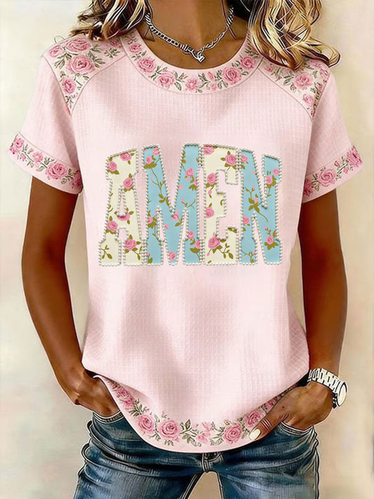 Women's Easter Floral Christian Amen Beads Patchwork Print Casual Short Sleeve T-shirt
