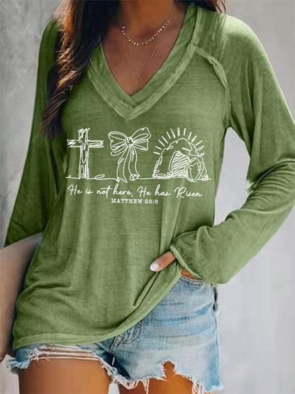 Women Are Not Here He Is Risen Matthew 28:6 Easter Christian Print Casual Long Sleeve V-Neck T-Shirt