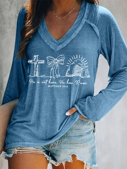 Women Are Not Here He Is Risen Matthew 28:6 Easter Christian Print Casual Long Sleeve V-Neck T-Shirt