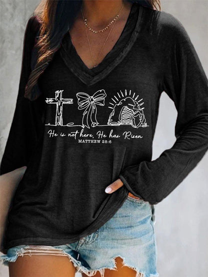 Women Are Not Here He Is Risen Matthew 28:6 Easter Christian Print Casual Long Sleeve V-Neck T-Shirt