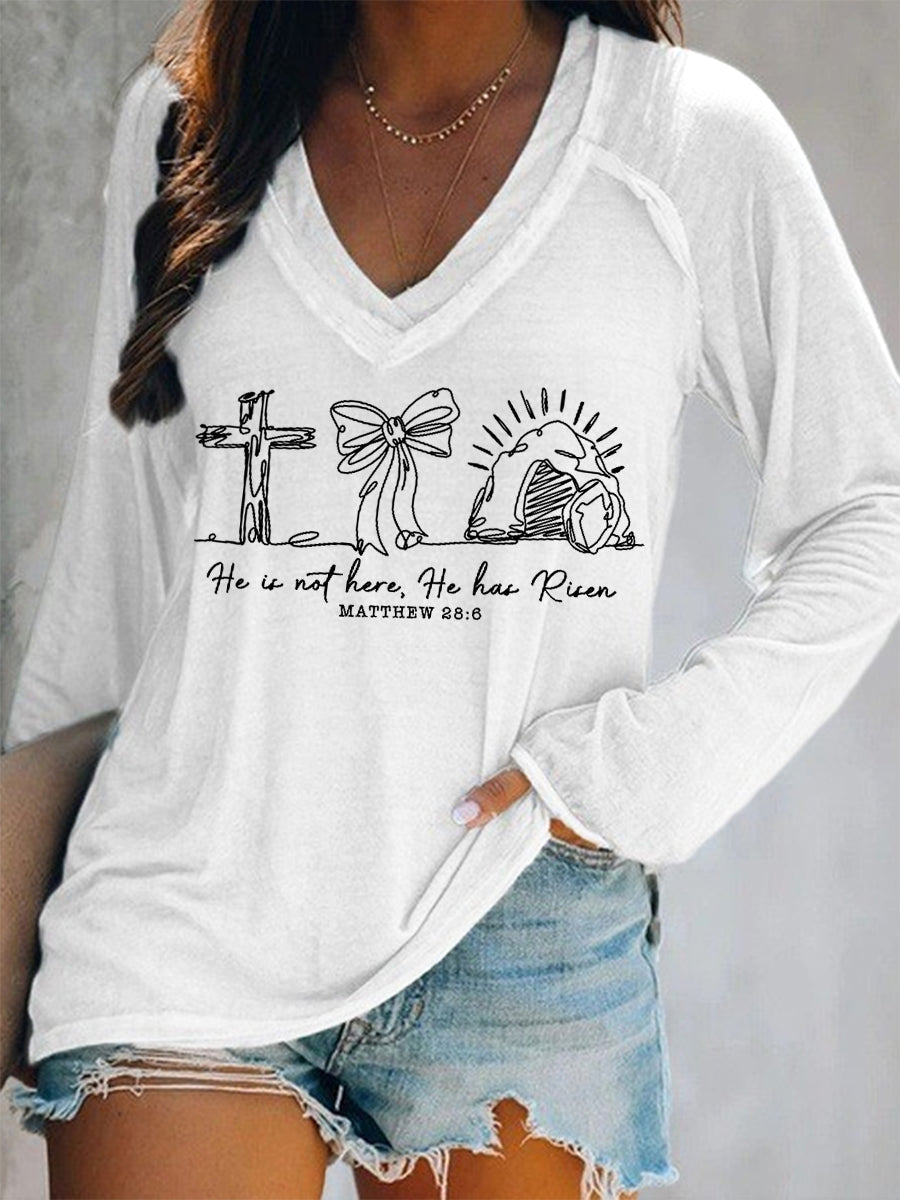Women Are Not Here He Is Risen Matthew 28:6 Easter Christian Print Casual Long Sleeve V-Neck T-Shirt