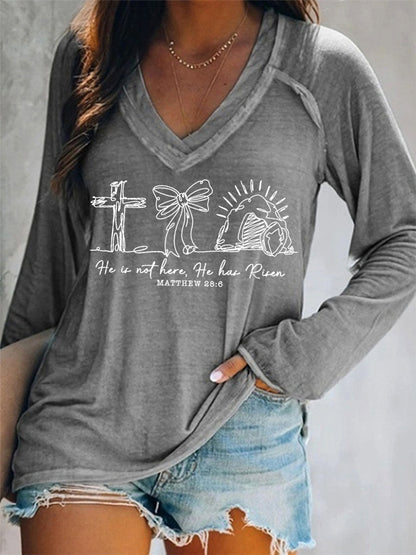 Women Are Not Here He Is Risen Matthew 28:6 Easter Christian Print Casual Long Sleeve V-Neck T-Shirt