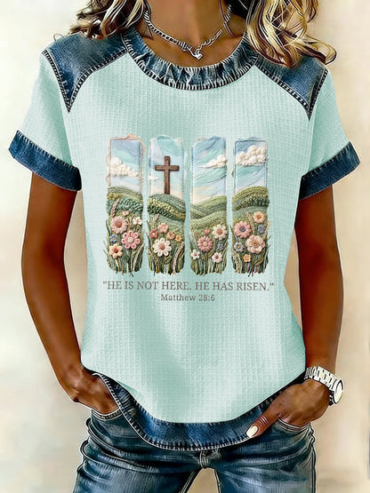 Kvinnors kristna påsk Han är inte här han har uppstått Matteus 28:6 Våffelpatchwork Kort ärm T-shirt
