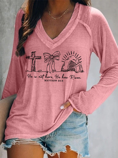 Women Are Not Here He Is Risen Matthew 28:6 Easter Christian Print Casual Long Sleeve V-Neck T-Shirt