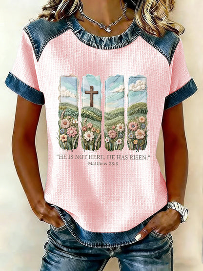 Kvinnors kristna påsk Han är inte här han har uppstått Matteus 28:6 Våffelpatchwork Kort ärm T-shirt