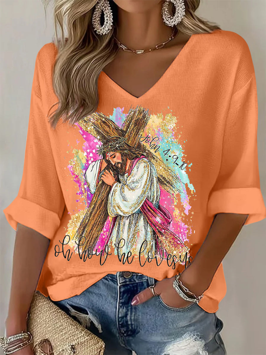 Kvinnor Oh Hur han älskar oss Christian Påsk Print Casual Långärm Våffle T-shirt