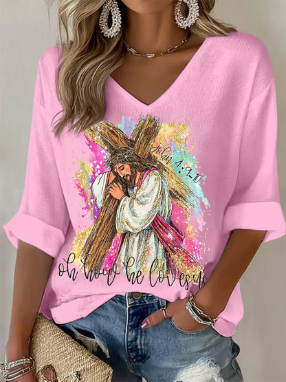 Kvinnor Oh Hur han älskar oss Christian Påsk Print Casual Långärm Våffle T-shirt