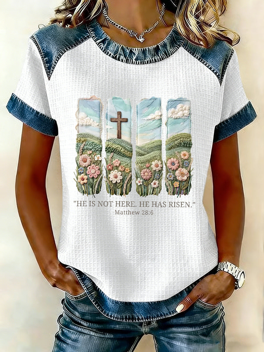Kvinnors kristna påsk Han är inte här han har uppstått Matteus 28:6 Våffelpatchwork Kort ärm T-shirt