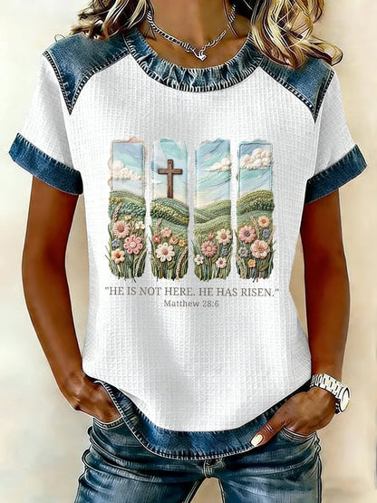 Kvinnors kristna påsk Han är inte här han har uppstått Matteus 28:6 Våffelpatchwork Kort ärm T-shirt