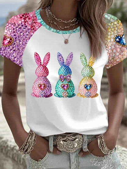 Women's Easter Bunny Art Round Neck Short Sleeve T-Shirt