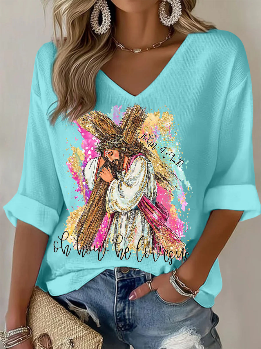 Kvinnor Oh Hur han älskar oss Christian Påsk Print Casual Långärm Våffle T-shirt