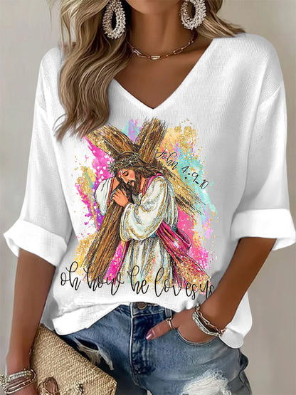 Kvinnor Oh Hur han älskar oss Christian Påsk Print Casual Långärm Våffle T-shirt
