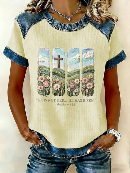 Kvinnors kristna påsk Han är inte här han har uppstått Matteus 28:6 Våffelpatchwork Kort ärm T-shirt