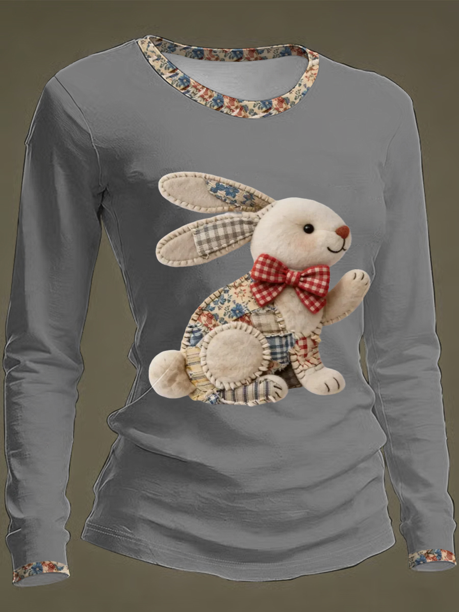 Kvinnor Bunny Påsk rund hals lång ärm T-shirt