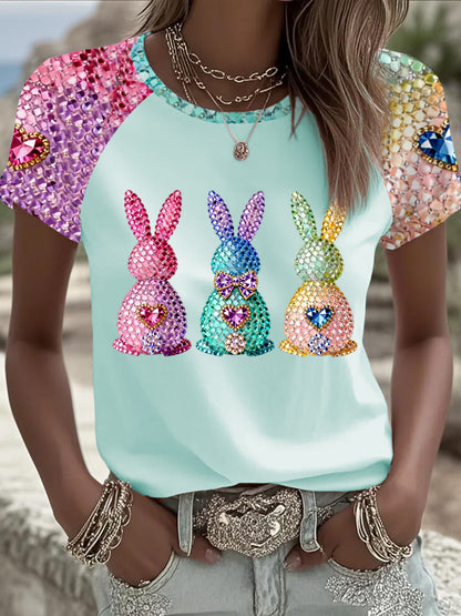 Women's Easter Bunny Art Round Neck Short Sleeve T-Shirt