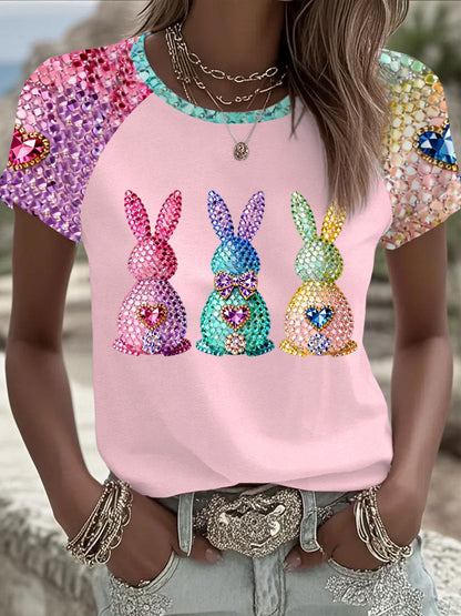 Women's Easter Bunny Art Round Neck Short Sleeve T-Shirt