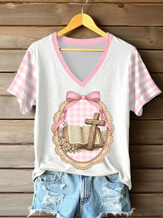 Women's Vintage Distressed Christian Easter V-Neck T-Shirt