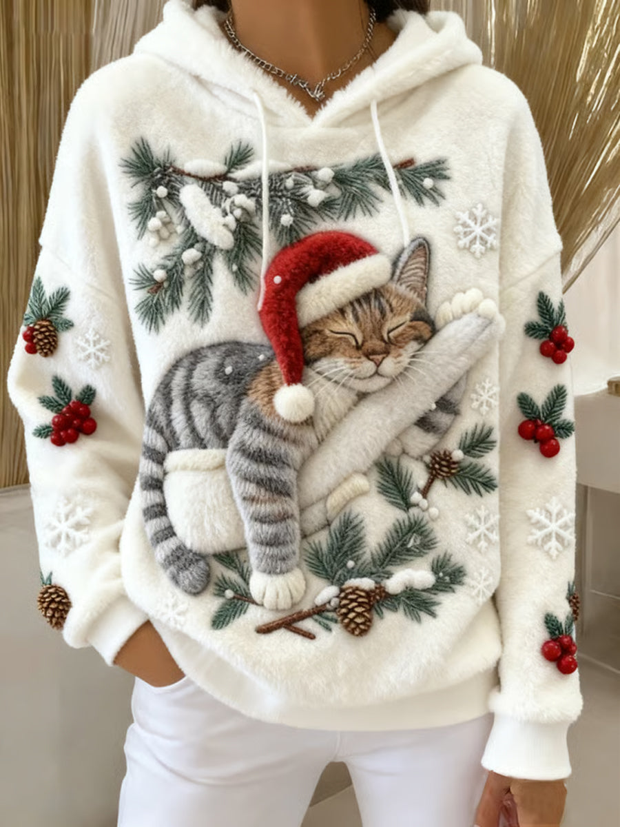 Women's Cute Christmas Cat Art Print Casual Flannel Hoodie Flannel